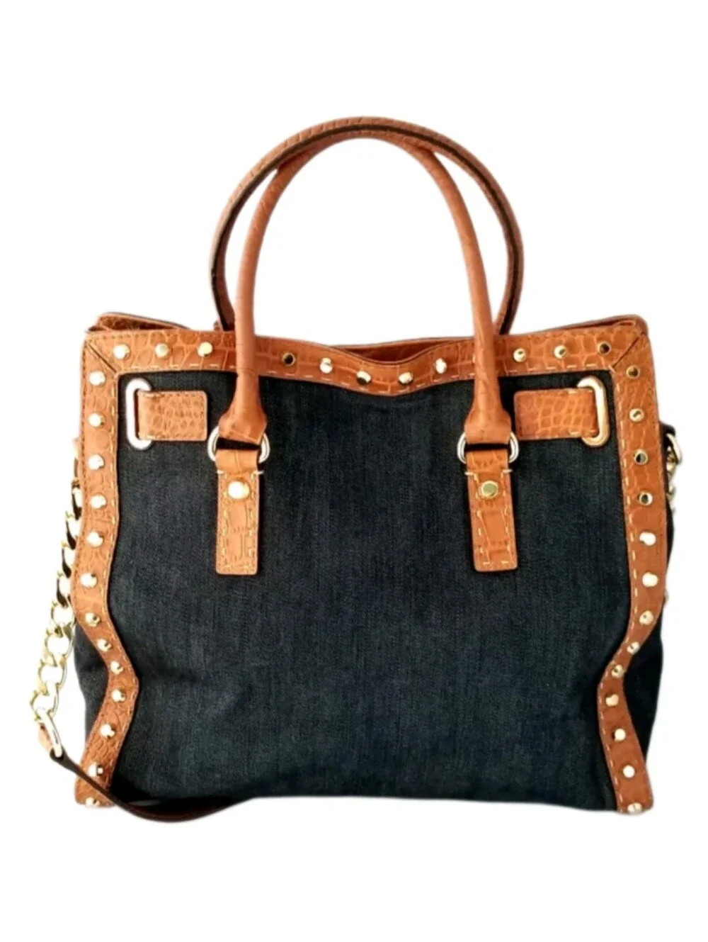 Michael Kors Hamilton Studded Denim Croc Leather Large North/South Tote Bag EUC